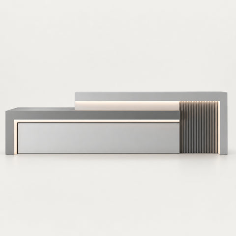 Salon Reception Desk 63-134 in Wide with LED Lighting & Transaction Counter for Salon - 71" L x 24" W x 39" H / Gray + White / Inside View - Left Side Higher