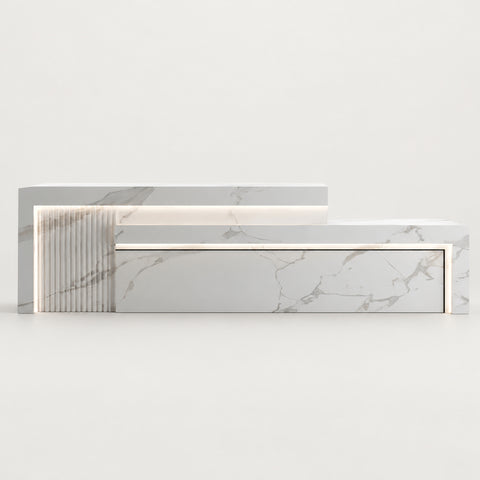 Salon Reception Desk 63-134 in Wide with LED Lighting & Transaction Counter for Salon - 94" L x 24" W x 39" H / White Pattern / Inside View - Right Side Higher