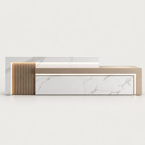 Salon Reception Desk 63-134 in Wide with LED Lighting & Transaction Counter for Salon - 79" L x 24" W x 39" H / Natural + White Pattern / Inside View - Right Side Higher