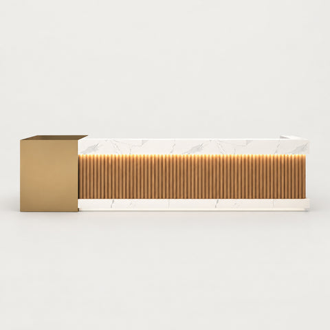 Salon Reception Desk 59-197 in Wide with Keyboard Tray, Lockable & Solid Wood for Salon - 102" L x 24" W x 39" H / Natural Wood + White Marble Pattern + Gold / Style B