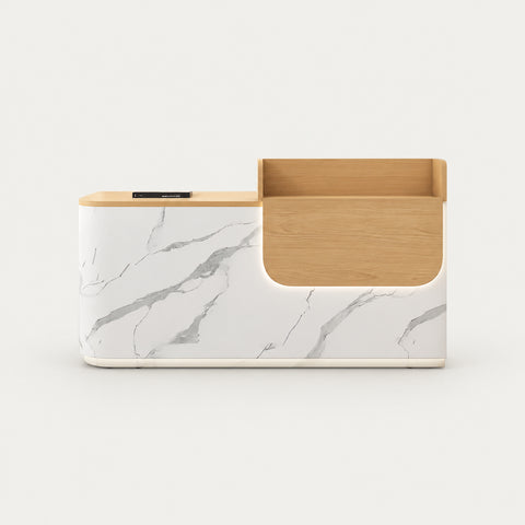 Curved Reception Desk 31-102 in Wide with LED Lighting, Lockable & File Drawers for Salon - 59" L x 24" W x 39" H / Fish Belly White + Natural Wood / Inside View - Left Side Higher