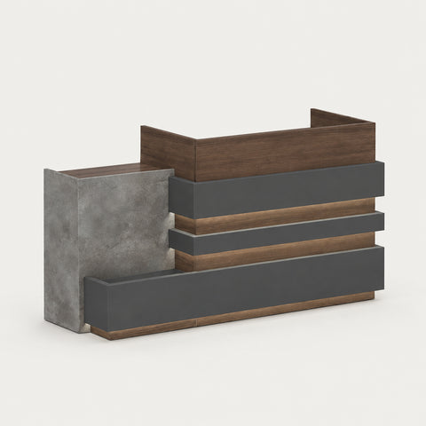 Modern Reception Desk 71-94 in Wide with LED Lighting, Lockable & Loft for Office Lobby - 71" L x 26" W x 41" H / Burnt stone / Higher Left Side/Kending Wood