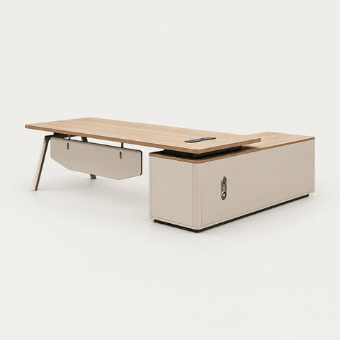 Modern Executive Desk 55-94 in Wide with Cable Management, Side Storage & Built-In Outlets - 55" L x 63" W x 24" H (Desk) / Side Cabinet On The Left
