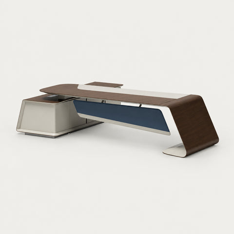 Modern Executive Desk 94-150 in Wide with Walnut, Curved & Side Storage for Home Office - 94" L x 71" W x 30" H Desk / Desk with Left Cabinet