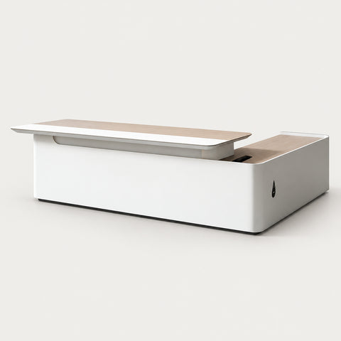 L-Shaped Executive Desk with Cable Management, Dual-Tone & LED Lighting for Home Office - 79" L x 70" W x 30" H  Desk / White & Wood Grain / Desk with Left Cabinet