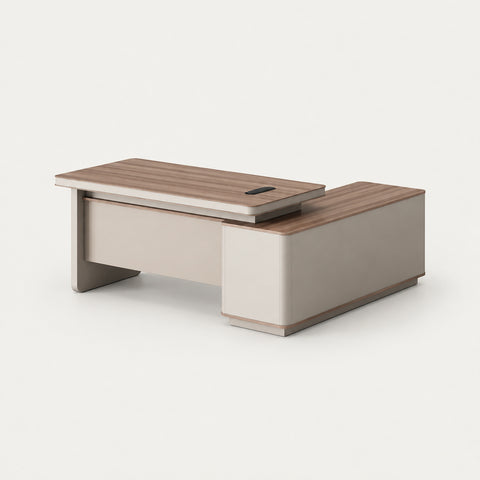 Modern Executive Desk 31-142 in Wide with LED Lighting & Lumbar Support for Home Office - 71" L x 65" W x 30" H (Desk) / Side Cabinet on the Left