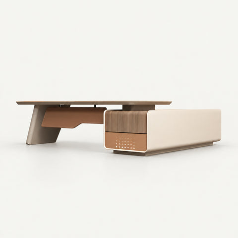 Modern Executive Desk with Cable Management, Wireless Charging & Curved for Home Office - 71" L x 79" W x 30" H / Side Cabinet on the Left