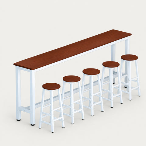 Rectangular Office Desk 39-216 in Wide with Solid Wood for Home Office - 87" L x 16" W x 39" H Desk + Five stools / Teak + White Frame