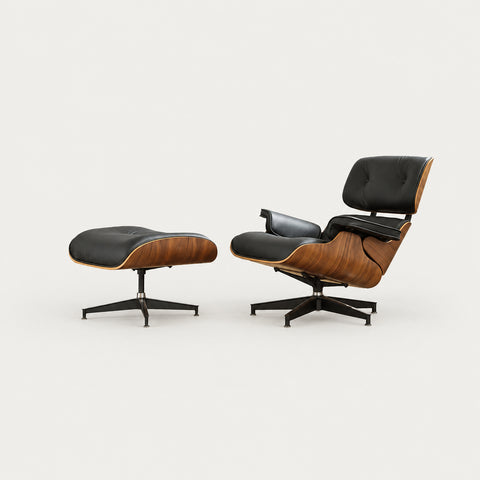 Leather Executive Office Chair with Genuine Leather, Solid Wood & Lumbar Support - 35" L x 25" W x 33” H / Microfiber leather/Black/Walnut wood grain(Chair+Ottoman)