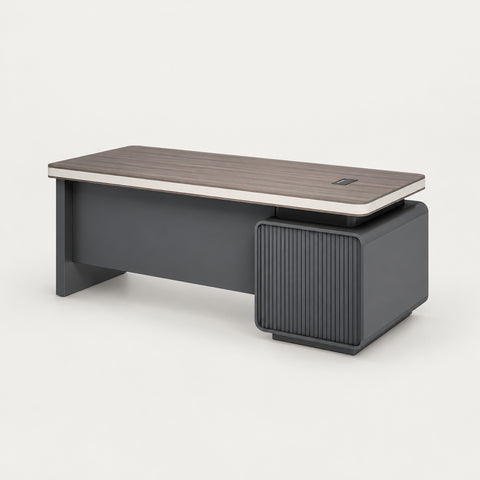 Modern Executive Desk with Cable Management, Curved & Built-In Outlets for Home Office - 71" L x 31" W x 30" H / Desk / Cabinet on the Left