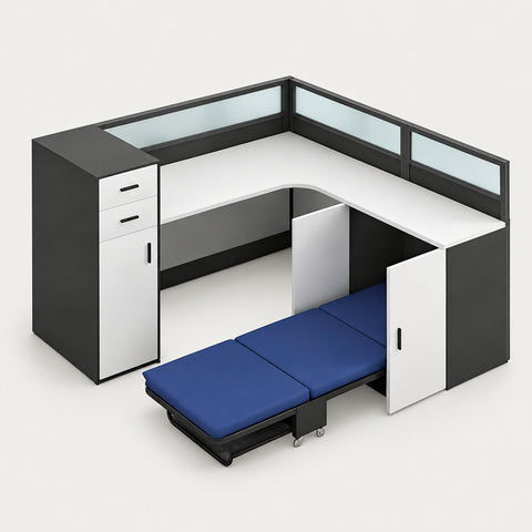 Office Workstation Desk with Side Storage, Folding & Privacy Panel for Home Office - 71" L x 71" W x 43" H / With Bed