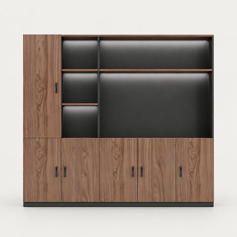 Modern Executive Desk with LED Lighting for Home Office - 79" L× 16" W × 79" H / Bookcase / Red Walnut + Black