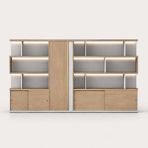 Modern Executive Desk with LED Lighting for Home Office - 142" L × 16" W × 79" H / Display Rack / Gray Oak