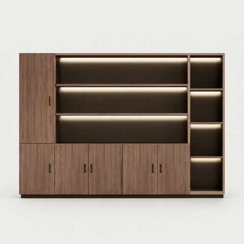 Modern Executive Desk with LED Lighting for Home Office - 94" L × 16" W × 79" H / Bookcase / Red Walnut + Black