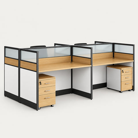 Office Workstation Desk 47-142 in Wide with Privacy Panel for Home Office - 142" L x 47" W x 43" H / Oak + White / With Cabinet