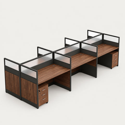 Office Workstation Desk 47-142 in Wide with Privacy Panel for Home Office - 142" L x 47" W x 43" H / Walnut + White / With Cabinet