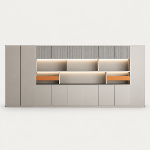 File Cabinet 79 in Tall with LED Lighting for Office - 142" L x 16" W x 79" H / Khaki + Hermes Orange