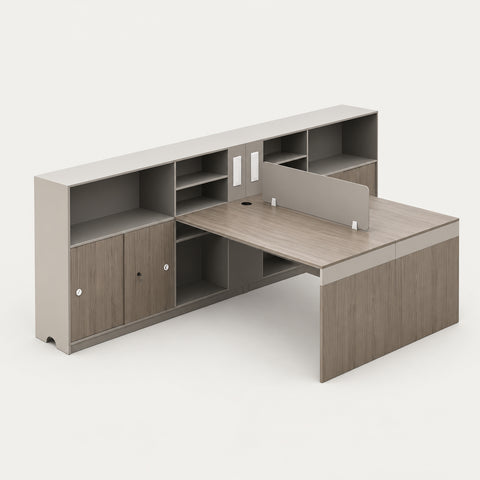 Office Workstation Desk with Built-In Outlets, Cable Management & Side Storage - 67" L x 55" W x 30" H / F-style two seat+chair