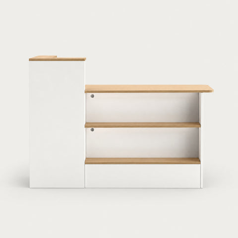 Curved Reception Desk 47-59 in Wide with Cable Management, LED Lighting & File Drawers - 59" L x 20" W x 39" H / White + Natural / Inside View - Right Side Higher