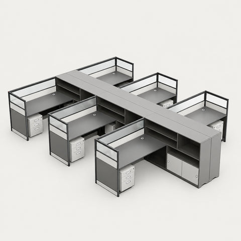 Office Workstation Desk with Privacy Panel, Cable Management & Mobile Pedestal - 165" L x 118" W x 43" H / Off-White + Light Gray / With Cabinet