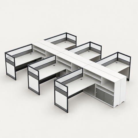 Office Workstation Desk with Privacy Panel, Cable Management & Mobile Pedestal - 165" L x 118" W x 43" H / Light Gray + White / Without Cabinet