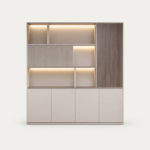 File Cabinet 79 in Tall with Lockable, Sliding Doors & Soft-Close for Office - 63" L x 16" W x 79" H / Brown Wood Grain + Khaki