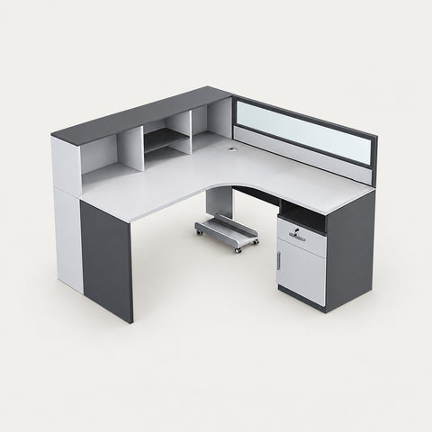 Office Workstation Desk with Privacy Panel, Cable Management & Glass Top for Home Office - 55" L x 59" W x 43" H / Without Chair / L-Shaped Single Seat（Partition on the Right）