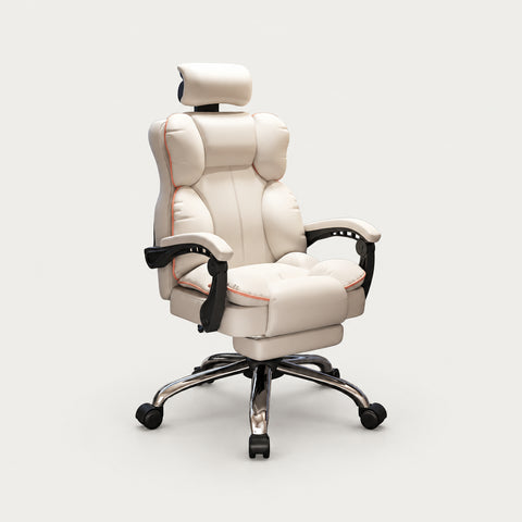 Gaming Office Chair with Reclining, Lumbar Support & Portable for Gaming Setup - White / With Footrest / PU Leather