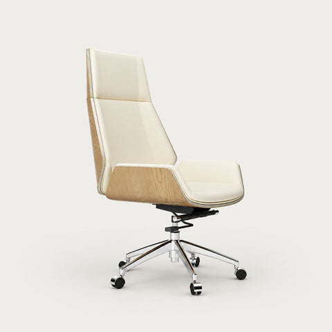 Leather Executive Office Chair with Genuine Leather, Solid Wood & Lumbar Support - White + Wood / High Back / PU Leather