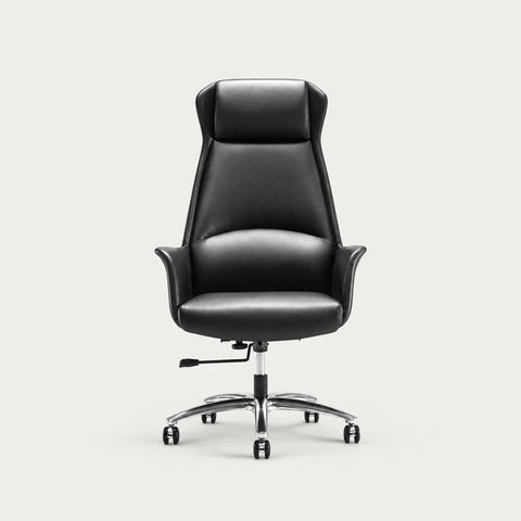 Ergonomic Office Chair with Lumbar Support, Portable & Swivel for Executive Office - Black / High Back / Top Grain Leather