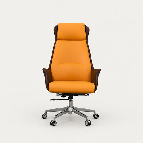 Ergonomic Office Chair with Reclining, Curved & Lumbar Support for Executive Office - Orange + Dark Brown / High Back