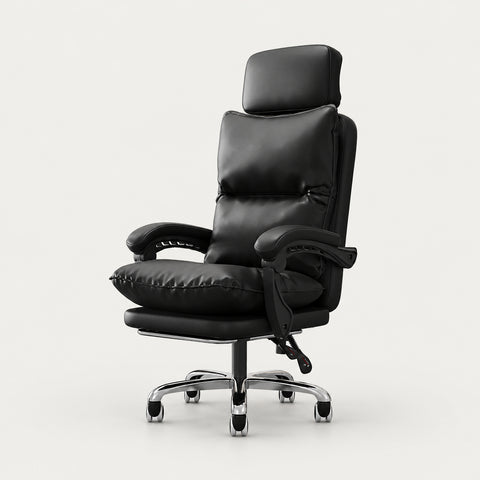 Mesh Ergonomic Office Chair with Reclining, Curved & Breathable Mesh for Home Office - Black / Top Grain Leather / Without Footrest