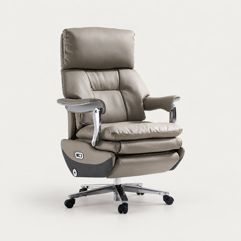 Leather Executive Office Chair with L-Shaped, Genuine Leather & Lumbar Support - Light Coffee / Genuine Leather + Electric + Lumbar Massage