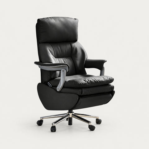 Leather Executive Office Chair with L-Shaped, Genuine Leather & Lumbar Support - Black / Genuine Leather + Manual