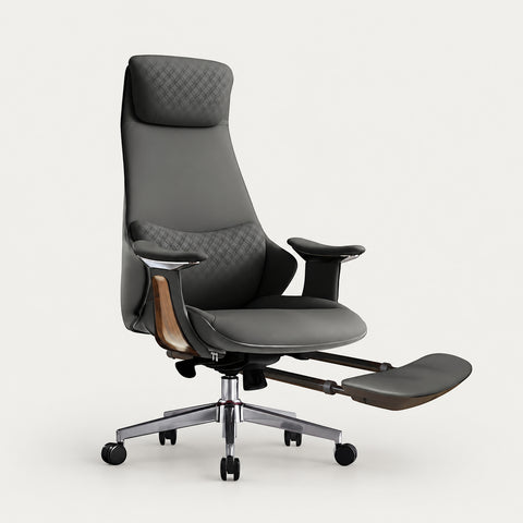 Ergonomic Office Chair with Lumbar Support & Reclining for Executive Office - Gray / High Back with Footrest / Napa leather