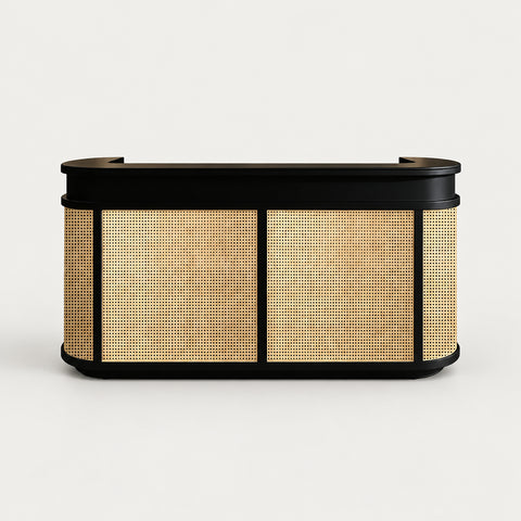Curved Reception Desk 39-118 in Wide with Rattan, Keyboard Tray & File Drawers for Salon - 102" L x 24" W x 39" H / Black + Light Rattan