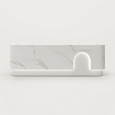 Round Reception Desk with LED Lighting, Keyboard Tray & Lockable for Clinic - 63"L x 24" W x 39" H / White Marble