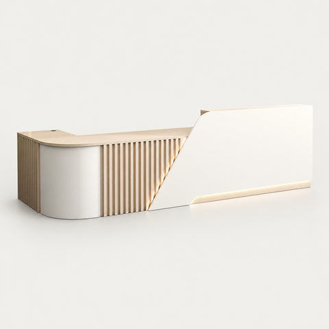 Salon Reception Desk 63-94 in Wide with Keyboard Tray, Lockable & Marble Top for Salon - 63" L x 24" W x 39" H / White + Wood Grain / Inside View - Left Side Higher