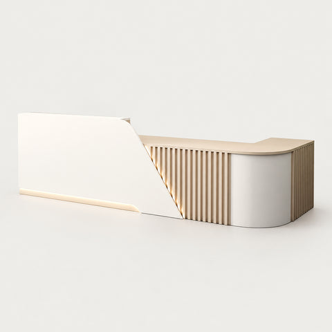 Salon Reception Desk 63-94 in Wide with Keyboard Tray, Lockable & Marble Top for Salon - 71" L x 24" W x 39" H / White + Wood Grain / Inside View - Right Side Higher