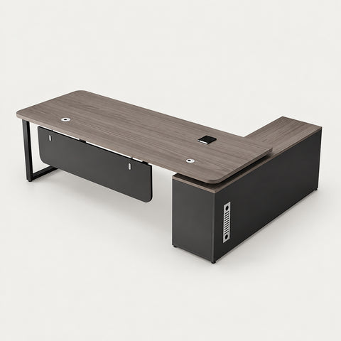 Modern Executive Desk with Curved, Cable Management & Side Storage for Home Office - 47" L x 47"W x 30"H (Desk) / Gray Oak / Long Cabinet on the Left（Viewed from inside）