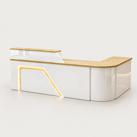 L-Shaped Reception Desk 63-94 in Wide with Keyboard Tray, File Drawers & Lockable - 63" L x 24" W x 39" H / White + Light Maple Wood / Corner on the left