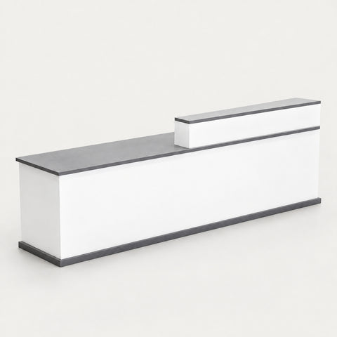 Curved Reception Desk with Keyboard Tray, File Drawers & LED Lighting for Hotel Lobby - 87" L x 24" W x 39" H / White + Gray / Inside View - Left Side Higher