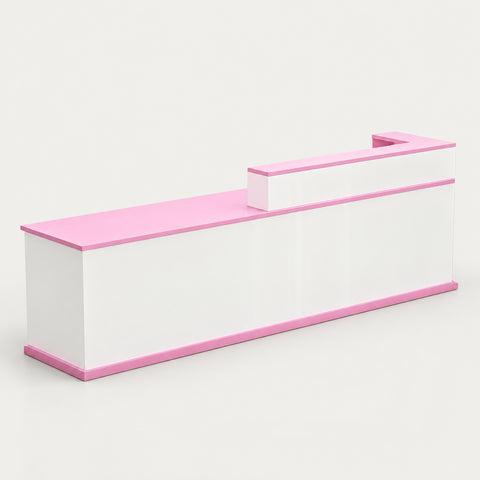 Curved Reception Desk with Keyboard Tray, File Drawers & LED Lighting for Hotel Lobby - 59" L x 24" W x 39" H / White + Pink / Inside View - Left Side Higher