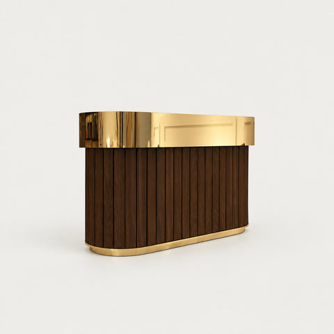 Salon Reception Desk 39-118 in Wide with Lockable, File Drawers & Lumbar Support for Salon - 79" L x 24" W x 39" H / Gold Stainless Steel + Dark Coffee color