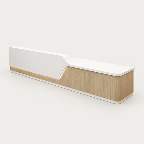 Modern Reception Desk with Keyboard Tray, Lockable & File Drawers for Office Lobby - 157" L x 24" W x 41" H / Straight / Inside View - Right Side Higher