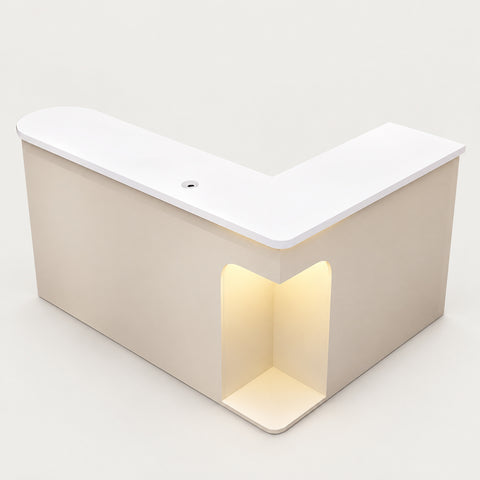 L-Shaped Reception Desk 59-79 in Wide with Cable Management, LED Lighting & File Drawers - 51"L x 43" W x 35" H / White + Beige / Corner on the Left