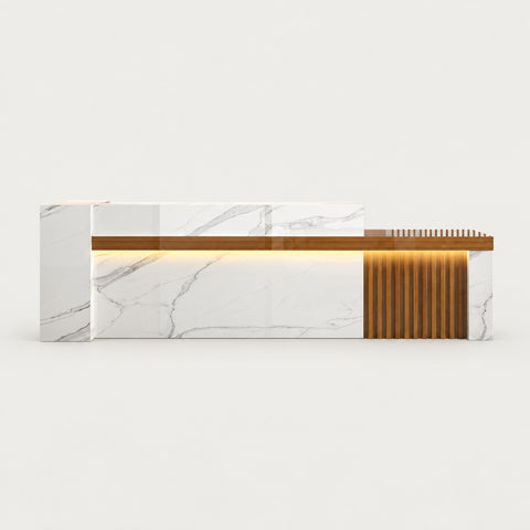 Retail Reception Desk 55-87 in Wide with Cable Management, Solid Wood & File Drawers - 55" L x 24" W x 39" H / Wood Grain + White Marble / Higher Right Side