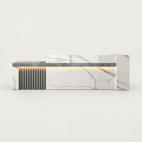 Retail Reception Desk 55-87 in Wide with Cable Management, Solid Wood & File Drawers - 55" L x 24" W x 39" H / Gray Marble + White Marble / Higher Left Side