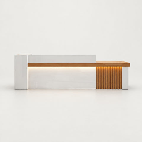 Retail Reception Desk 55-87 in Wide with Cable Management, Solid Wood & File Drawers - 55" L x 24" W x 39" H / Wood Grain + White / Higher Right Side