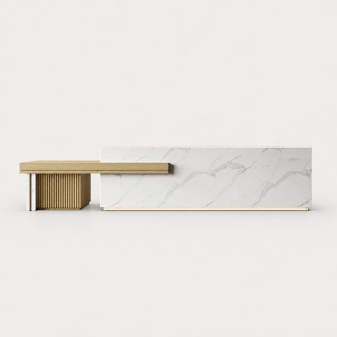 Retail Reception Desk 71-157 in Wide with LED Lighting & Lumbar Support for Retail - 71"L x 24"W x 39"H / Fish belly White + Wood color